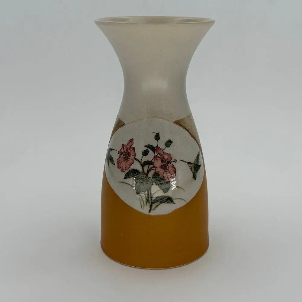 Vintage Otagiri Japan Hummingbird Hibiscus Stoneware Sake Set Carafe 3 Goblets